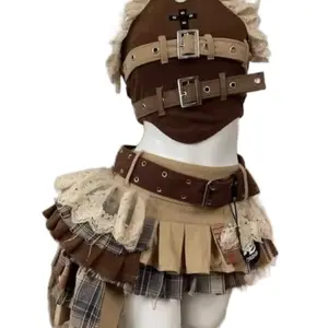 Brown Summer Vintage Y2K 2 Piece Set for Women's Wear Includes Clothes with Belt and Skirt Design - Womenswear Sleeveless