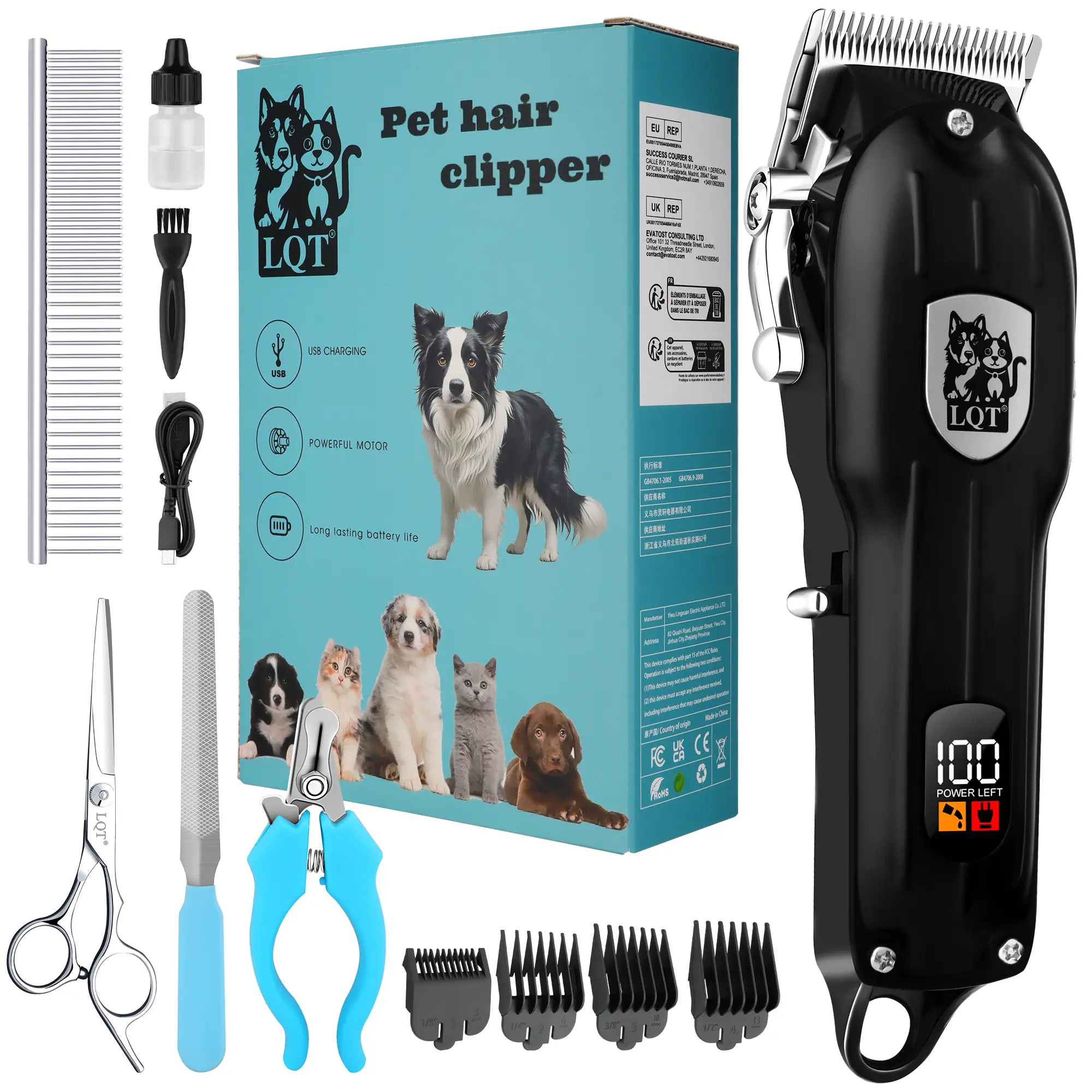 LQT Professional Full Metal Black Pet Hair Clipper Kit - LCD Display, USB Charger, Rechargeable Cordless Dog & Cat Grooming Trimmer with 4 Limit Combs, Scissors, Nail Clipper & Complete Groom Accessories