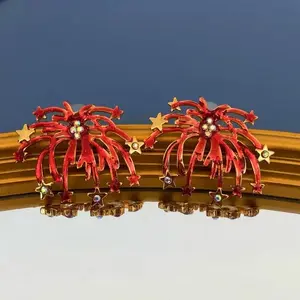 French Romantic Fireworks Five-Pointed Star Red Oil-Painted Stud Earrings — Delicate Ear Jewelry with New Year Vibe