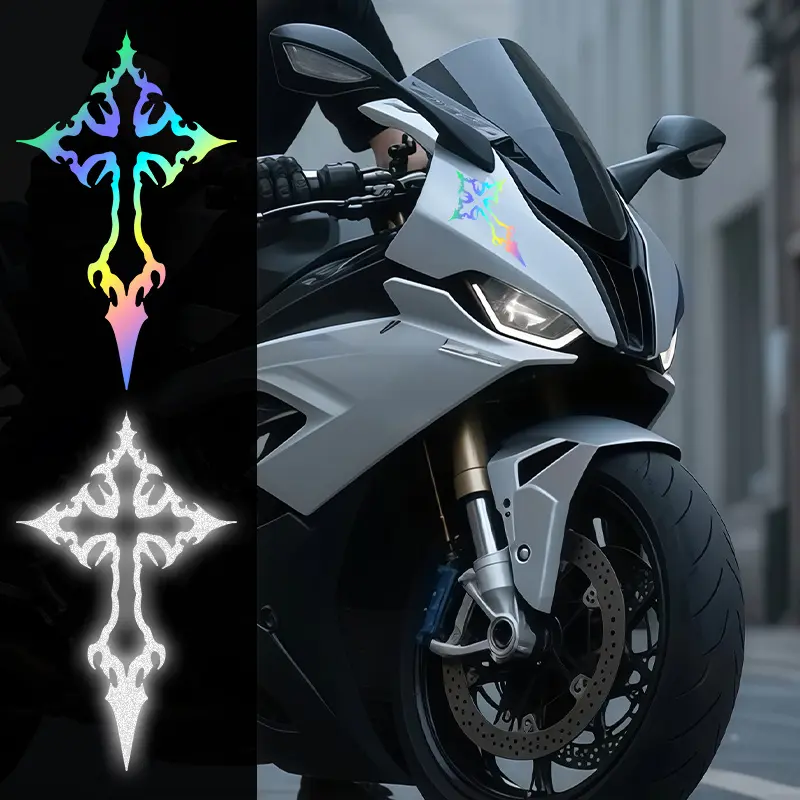 2-piece high-strength reflective Gothic-style cross totem motorcycle stickers, Decoration, in red, silver, blue colors, waterproof, durable, self-adhesive decals, cover scratches on motorcycle bodies, and are suitable Decal Set Graphic Decal