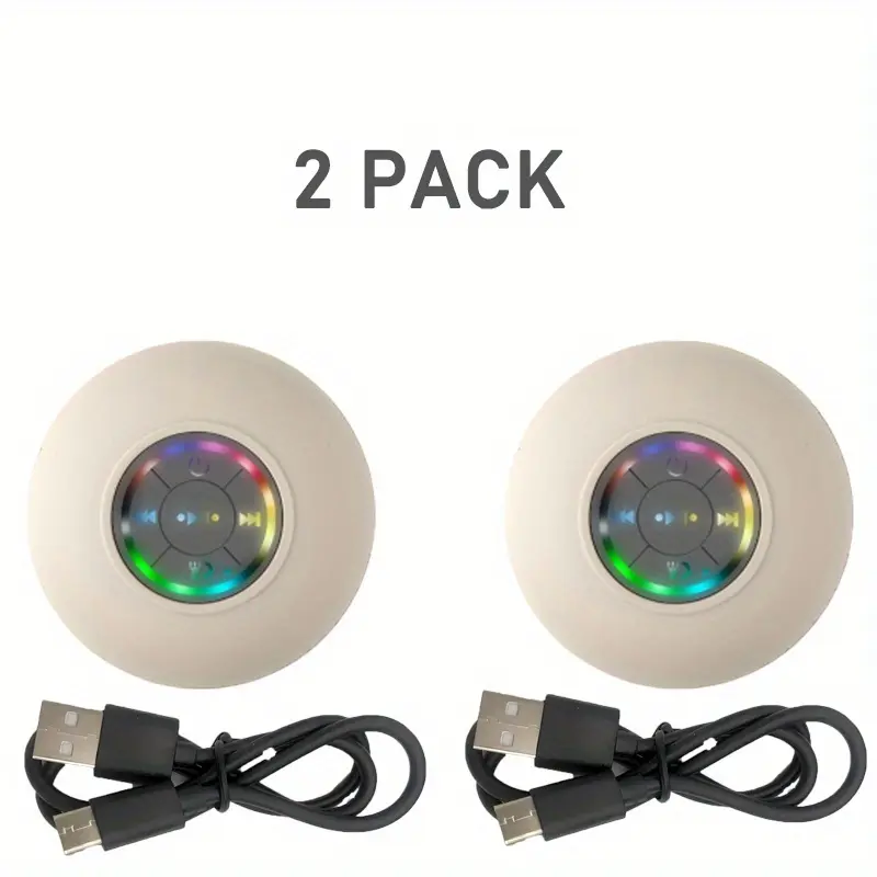 2-Pack White Portable Bluetooth Stereo Speaker with Smart LED, Waterproof, 400mAh USB Rechargeable, Large Suction Cups, Alexa Compatible Music Player for Bathroom, Two Piece Sets, Portable Gadgets