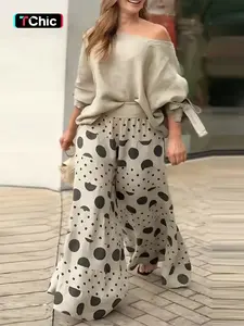 Women's Two-Piece Set, Asymmetric Off-Shoulder Tie Cuff Long Sleeve Top, Polka Dot Print Wide Leg Long Pants, Daily Casual Vacation Commute Wear, Breathable Lightweight Wrinkle-Resistant, Minimalist Casual European Style