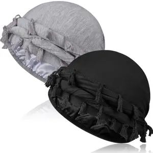 1/2 Pack Satin Lined Turban Durag for Men & Women - Pre-Tied Skull Cap with Tassels, Vintage Twist Beanie & Sleeping Bonnet Hair Cover