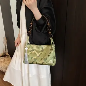 Vintage Chinese Crane Jacquard Handbag, Wooden Bead Handle Tassel Pendant Shoulder Bag, Retro Silk Embroidery Hobo Purse for Hanfu Daily Travel Dinner Outfits