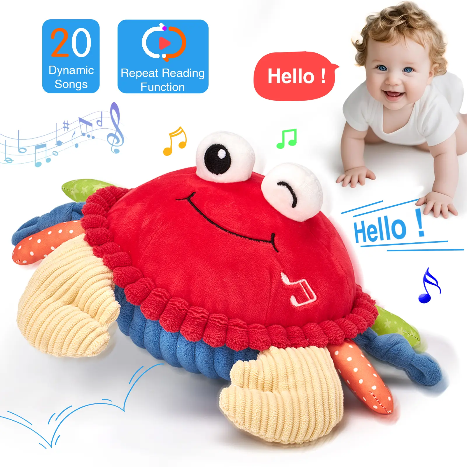Hahaland Automatic Musical Crab Plush Toy - 20 Songs, Repeat Function, Interactive Audio, Crawling Dancing Walking Bouncing - Sensory Baby Items for Tummy Time, Improves Language Skills, Christmas Gift for 0-3,6-12 Months
