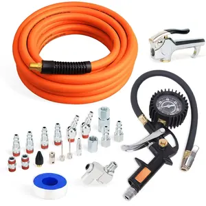 22 count Air Compressor Accessories kit, 3/8 inch x 25 ft Hybrid Air Compressor Hose Kit, 1/4" NPT Quick Connect Air Fittings, Tire Inflator Gauge, Heavy Duty Blow , Swivel Plugs