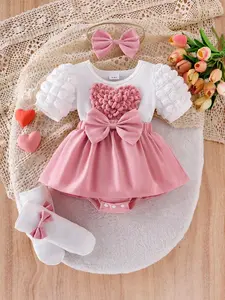 Baby Girl Sweet Romantic 4-Piece Set, Large Bow Heart Embroidery Bubble Short Sleeve Romper Dress, Includes Hairband & Socks