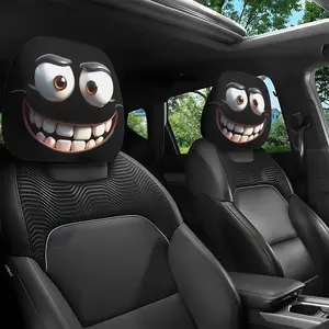 2pcs Cartoon Smile Car Headrest Covers, Auto Accessories, Universal Fit, Easy Install, Long Travel Neck Relief, Durable Seat Protection