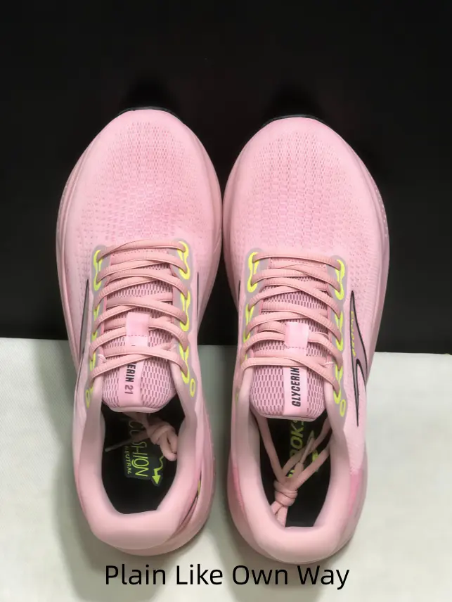 Collectible Soft Pink Knit Running Sneakers - Fluorescent Yellow Lace Eyelet Accent, Lightweight Mesh Upper, Vibrant Pastel Style, Breathable Athletic Footwear for Hobby Display, Daily Workout