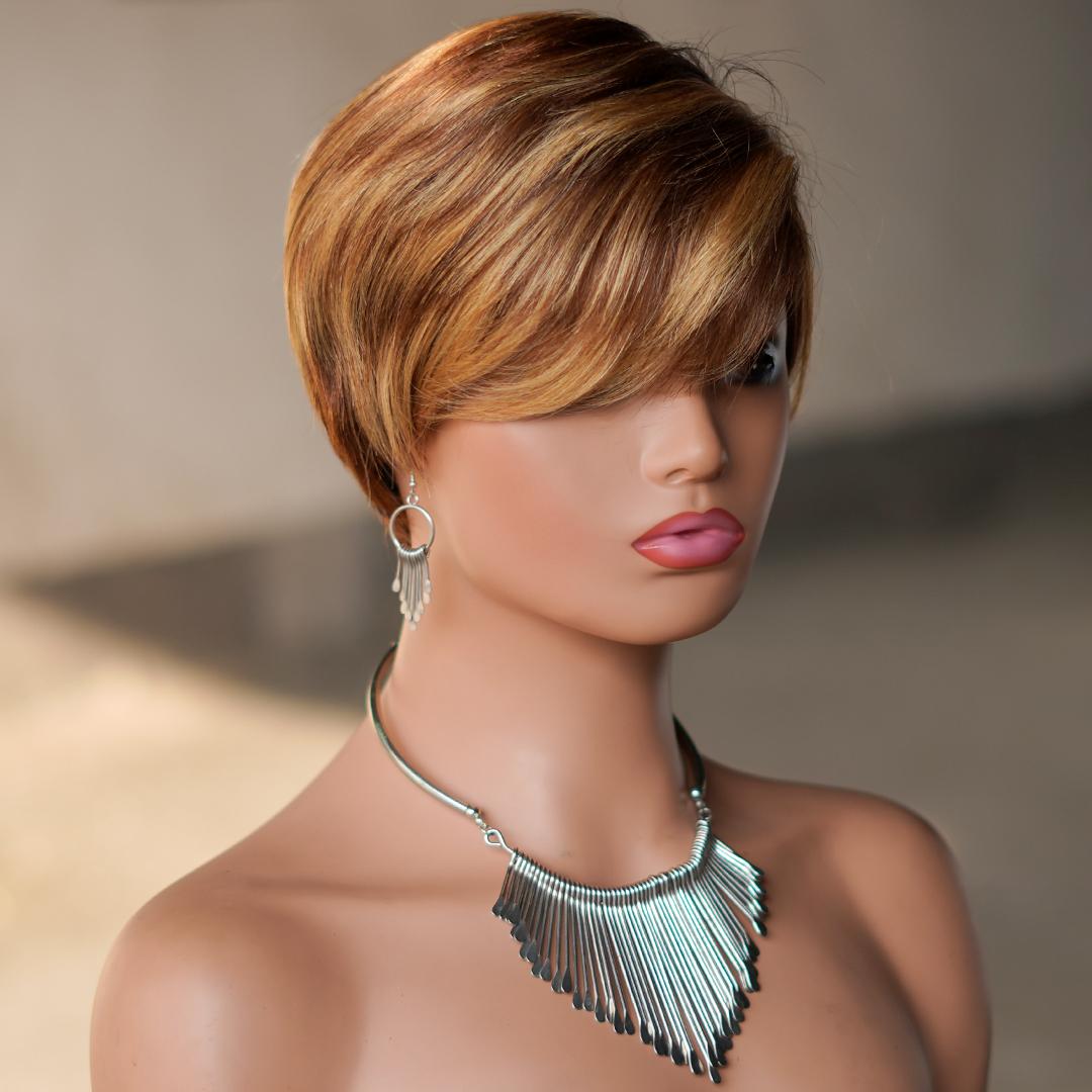 Short Pixie Cut Wig With Bangs, Glueless 180% Density Brazilian Virgin Human Hair, 6 Inch 1B Natural Black Mixed Blonde, Machine Made Wig For Daily & New Year Wear