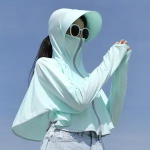 Women's sun protection hoodie, women's jacket summer sun protection clothing, outdoor hiking and cycling jacket, UV protection top, outdoor hooded mask, hooded breathable zipper jacket