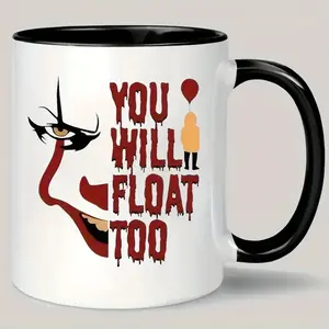 Horror Movie Fan Gift Ceramic Coffee Mug, Pennywise Clown Art, Insulated Reusable Mug, Bold Dripping Text, Handle, Hand-Wash Only