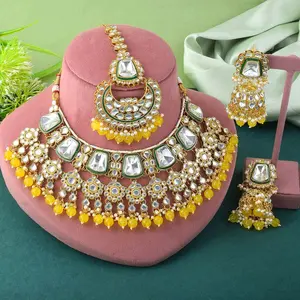 Elegant Large Kundan Stones Necklace with Jhumka Earrings and Tikaa Set