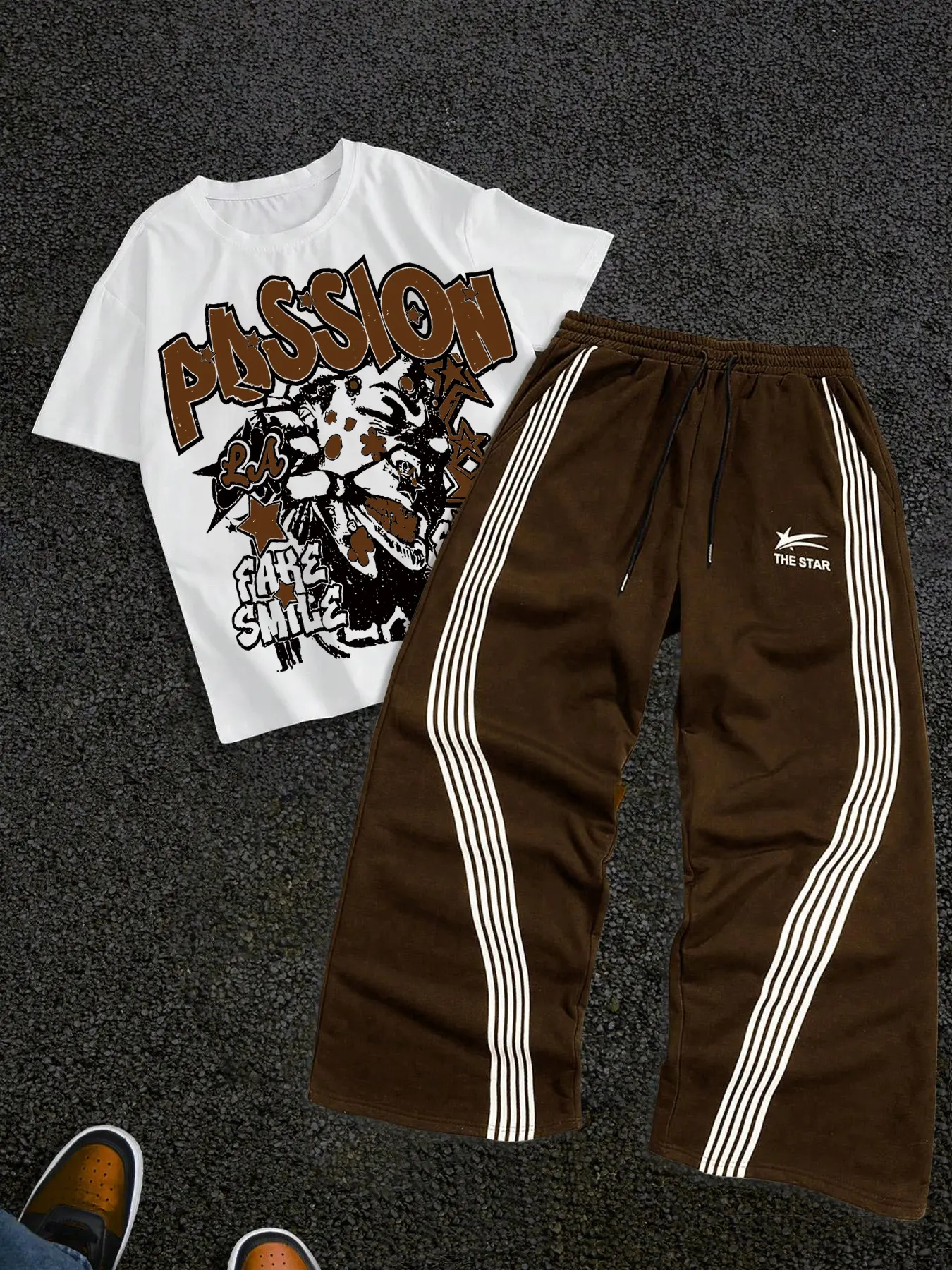 Men's Street Style Streetwear Striped Straight Leg Pants Set, Two-Piece Short Sleeve, Casual Hip Hop Fashion Outfit, Vintage American College Wear, Clothes