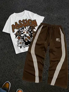 Men's Street Style Streetwear Striped Straight Leg Pants Set, Two-Piece Short Sleeve, Casual Hip Hop Fashion Outfit, Vintage American College Wear, Clothes