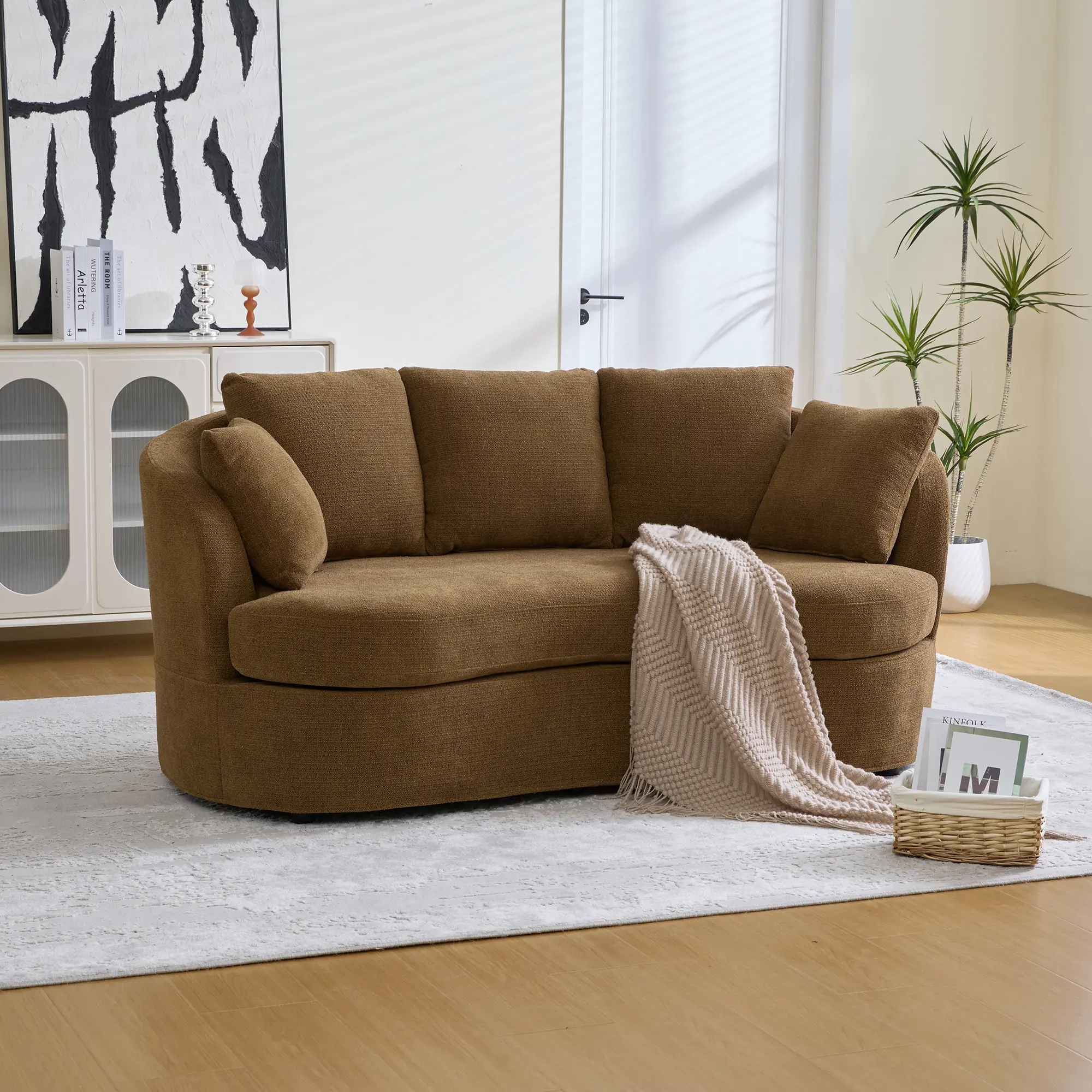 73.82" Wide Curved Indoor Sofa, Modern Luxury Plush Chenille Extra-Deep Seat, 5 Removable Cushions, Ideal for Living Rooms, Bedrooms (Brown/Beige/Taupe)
