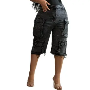 Y2K Denim Washed Cargo Jorts - Bermuda Shorts with Pockets