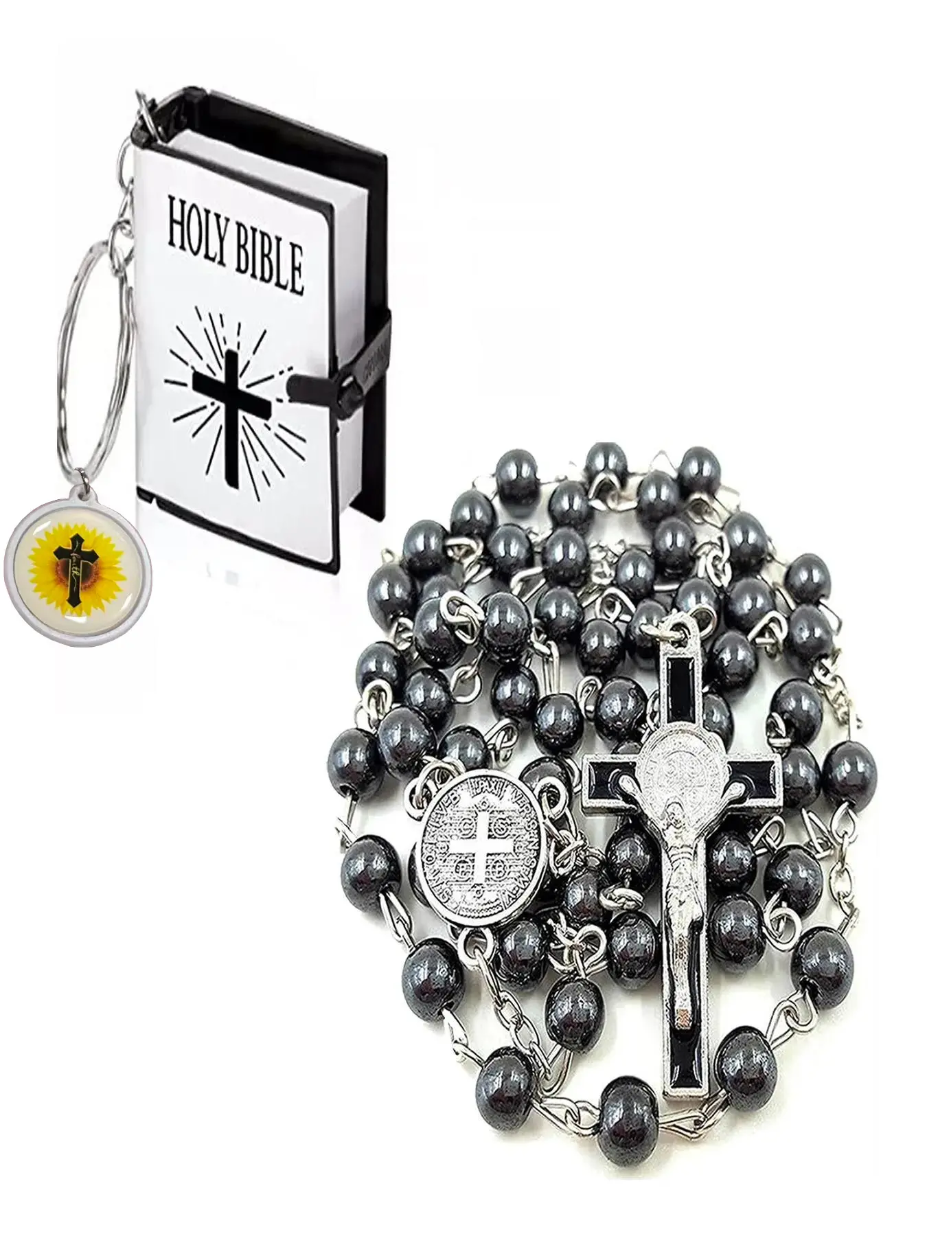 St Benedict Vintage Obsidian Cross Beaded Necklace Faith Necklace Religious Jewelry Catholic Rosary + Mini Bible Keychain Set, Purify Negative Energy, Personalized Prayer Beads