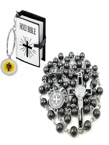 St Benedict Vintage Obsidian Cross Beaded Necklace Religious Jewelry Catholic Rosary + Mini Bible Keychain Set, Purify Negative Energy, Personalized Prayer Beads