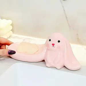 Cute Pink Long-Eared Rabbit Ceramic Soap Dish, Suitable for Various Soaps And Fragrance Bars, Ideal for Bathroom, Shower And Kitchen, Playful Cute Decorative Soap Dish