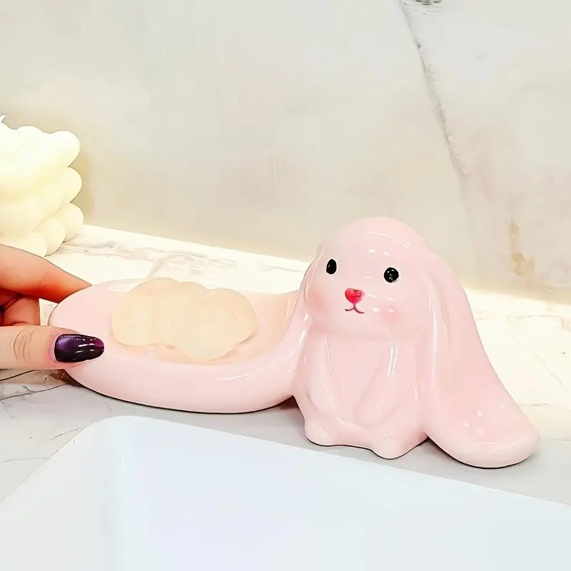 Cute Pink Long-Eared Rabbit Ceramic Soap Dish, Suitable for Various Soaps And Fragrance Bars, Ideal for Bathroom, Shower And Kitchen, Playful Cute Decorative Soap Dish