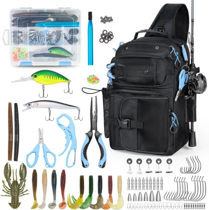 GearMaster Fishing Sling Tackle Bag & Tool Set - Oxford Fabric Slung Carrier with Adjustable Strap, Multi-Pockets, 3500 Tackle Box, Lures, Pliers, Scissors, Lip Gripper, Wacky Tool for Bait Storage (Sports & Outdoor Fishing Accessories)