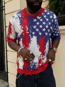 Spring Summer New Unisex Colorblock Usa Matching Cutout Fringe Trendy Streetwear Loose Comfortable Short Knit Top, Fitted Short Sleeve