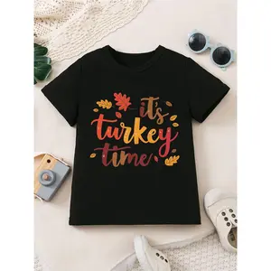 Cute Graphic T-Shirt |   Black with Playful Autumn Theme Cartoon Turkey and Pumpkins, Perfect for Fall Family Outings, Casual Style, Crew Neck, Regular Sleeve