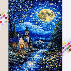 1pcs 5D DIY handcraft diamond painting set, 5D diamond art set, DIY decoration, Moonlit Cottage diamond painting set full round drill DIY, mosaic, diamond art, DIY art home decoration, suitable for Halloween and Christmas, Diamond Painting Kits