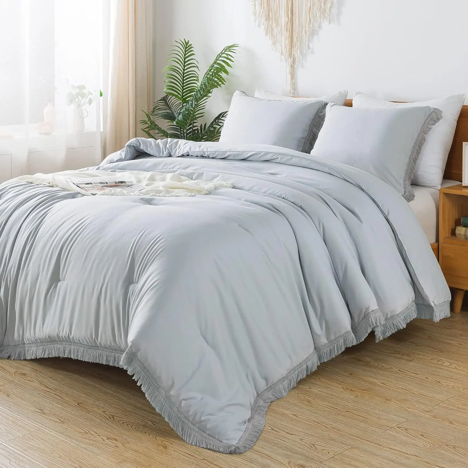 Light Grey Comforter Full Size, 3 Boho Tassel Lightweight Comforter Sets, Fluffy Fringe (79x90In Comforter  2 Pillowcases)