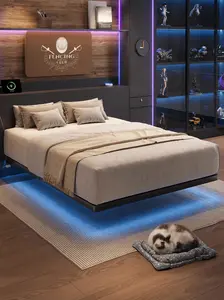 【DealsforYou】ONBRILL LED Floating Bed Frame, Full/Twin/Queen/King Bed Frame with Power Outlet, Heavy Duty Metal Platform Bed Frame, Camas Queen, Easy Assembly, No Box Spring Needed, Noise-Free, Bedroom Furniture