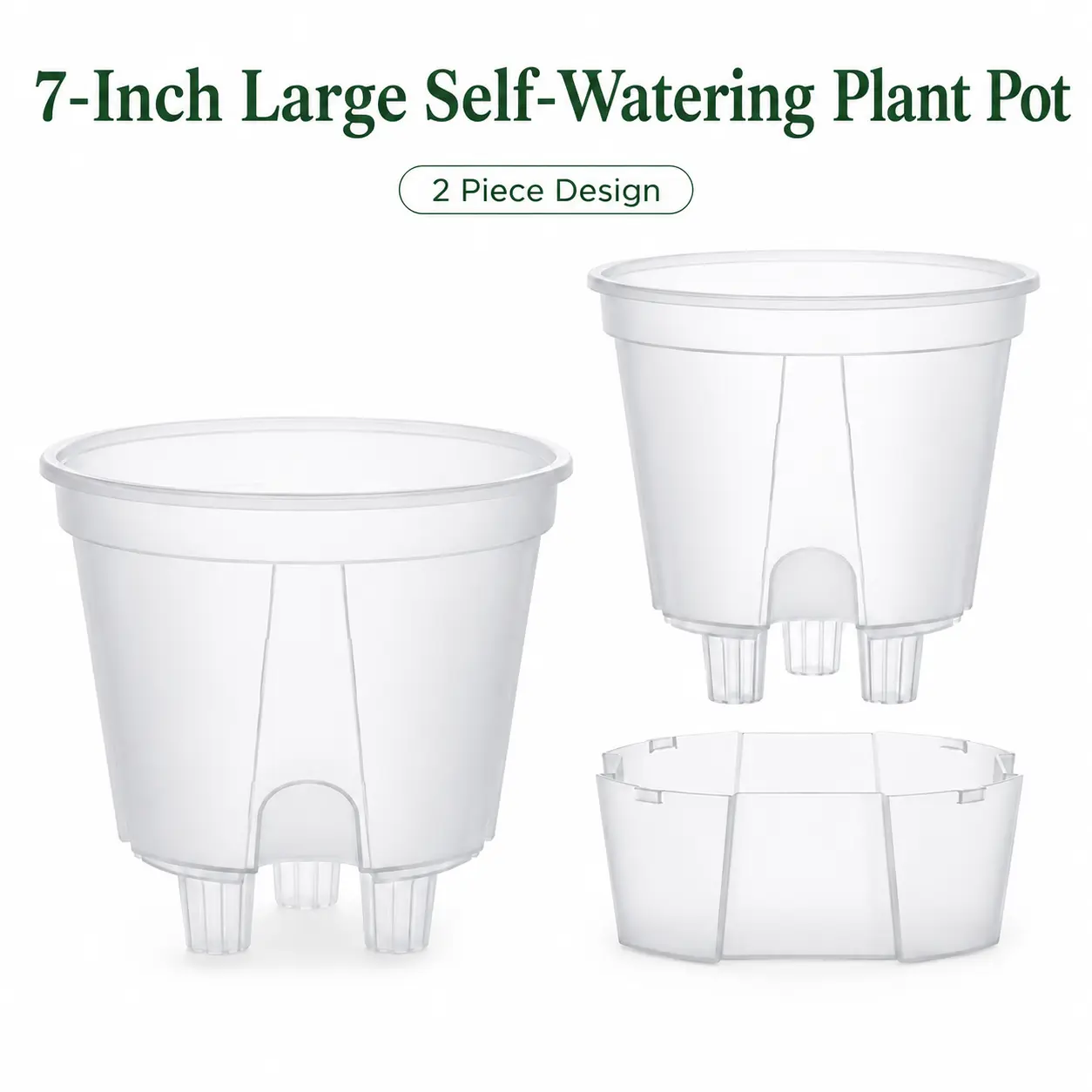 7-Inch Transparent Self-Watering Plant Pots 2 Pack | Large Plastic Nursery Pots with Removable Water Reservoir, Airflow Slots & Drainage