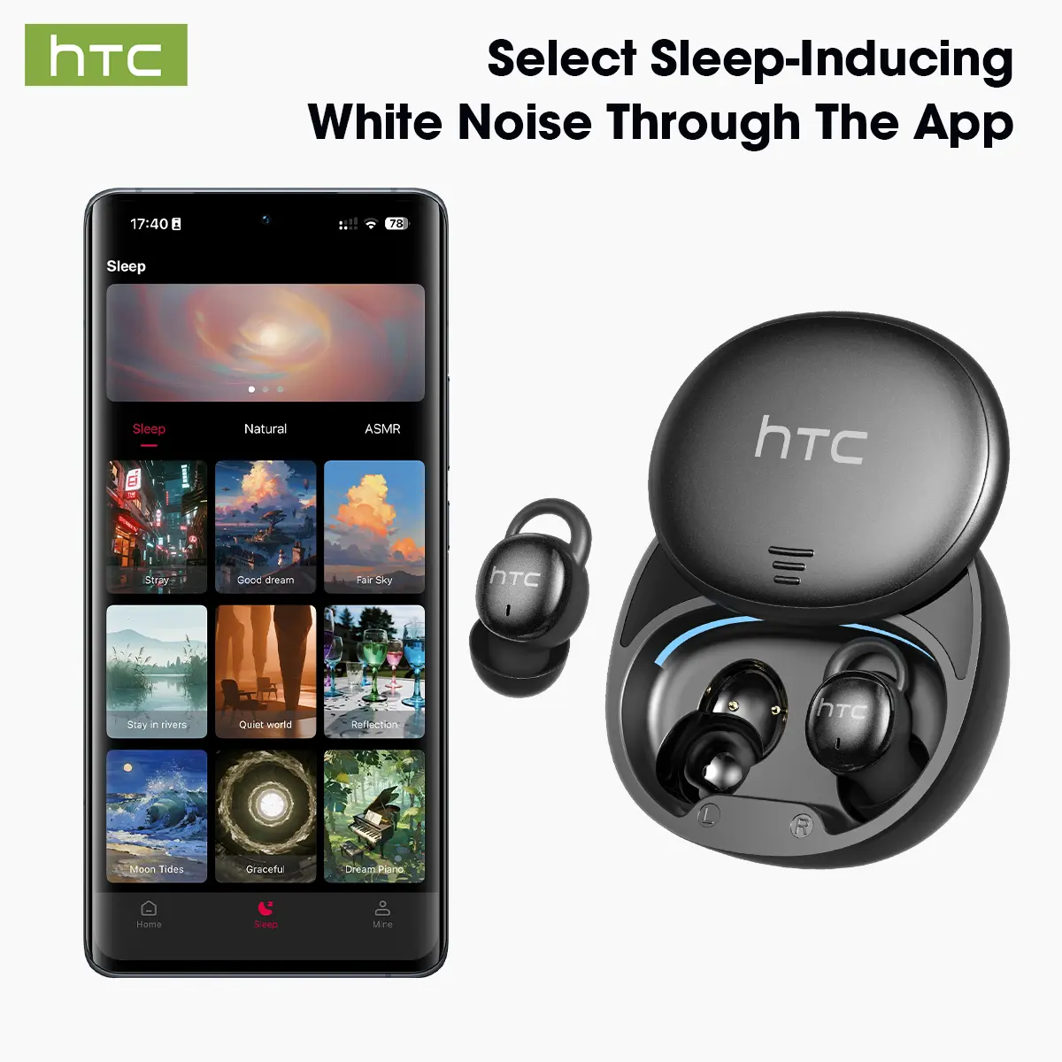 HTC NE97 Wireless Bluetooth Sleep Earbuds featuringBluetooth 6.0, Noise Cancellation, and White Noise Functions;Compact and Discreet, Designed to be Pressure-Free for Sidesleepers; Suitable for Travel and Side-Sleeping.