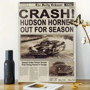 A vintage 1950s racing canvas poster - "CRASH!"HUDSON HORNETT Season End Wall Art, Vintage Car Decoration, Suitable for Home, Office, Cafe - Ideal Gift for Car Enthusiasts, Indoor Use, Indoor Wall Decoration| Vintage Racing Poster| Detailed illustrations,
