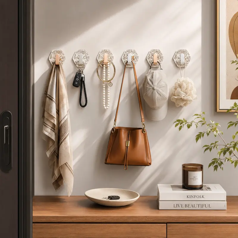 ESMIBEN 15-Pack Self-Adhesive Hexagonal Adhesion Hooks & Rails - Drill-Free, Durable, Removable, Invisible, Easy Snap Wall Mount Bath Towel Hooks with Boutique Charm for Bathroom, Kitchen Smooth Surfaces Organizer