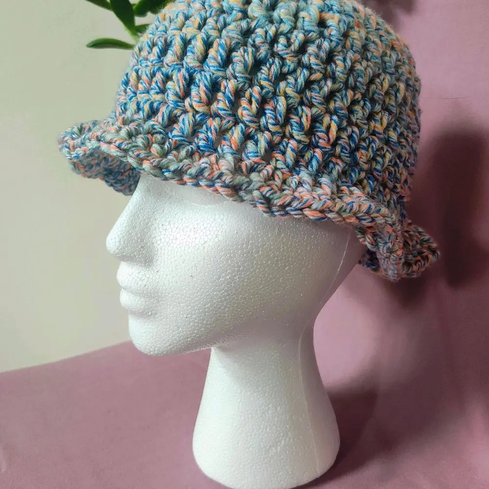 Handmade Blue & Orange Acrylic Bucket Hat - Unique Sparkly Design for Stylish Wearers - Small Size