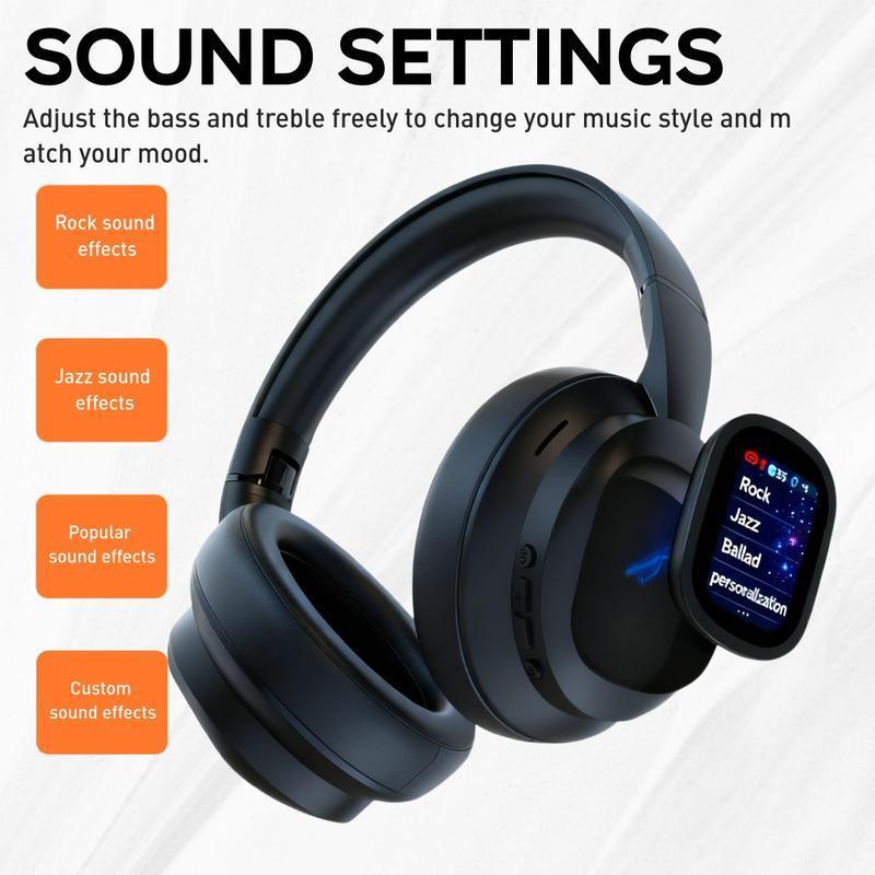 Wireless Bluetooth 6.0 over-ear headphones, featuring an LCD touchscreen, noise cancellation, customizable wallpapers, and multiple sound effects – suitable for both men and women, and easy to carry.