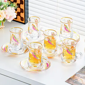 Vintage Turkish Tea Glasses Cups and Saucers Set of 6 Handle Drinkware Drink Bar Fancy Teapots Serving Glassware Drinking Kitchen Women Moroccan Persian Teacups Party Art Deco