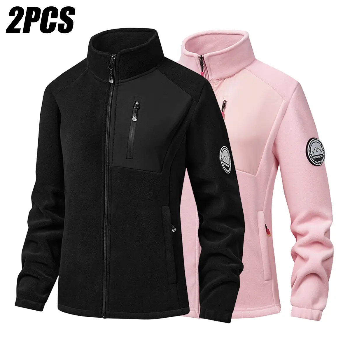 JOGWAVE Women’s 2PCS Full-Zip Fleece Activewear Jacket - Long Sleeve, Stand Collar, Thermal, Windproof, Slim-Fit, Midweight Sportswear Outerwear, Contrast Chest Zip Pocket, Mountain Explorer Badge, Multi Security Pockets for Hiking, Commuting