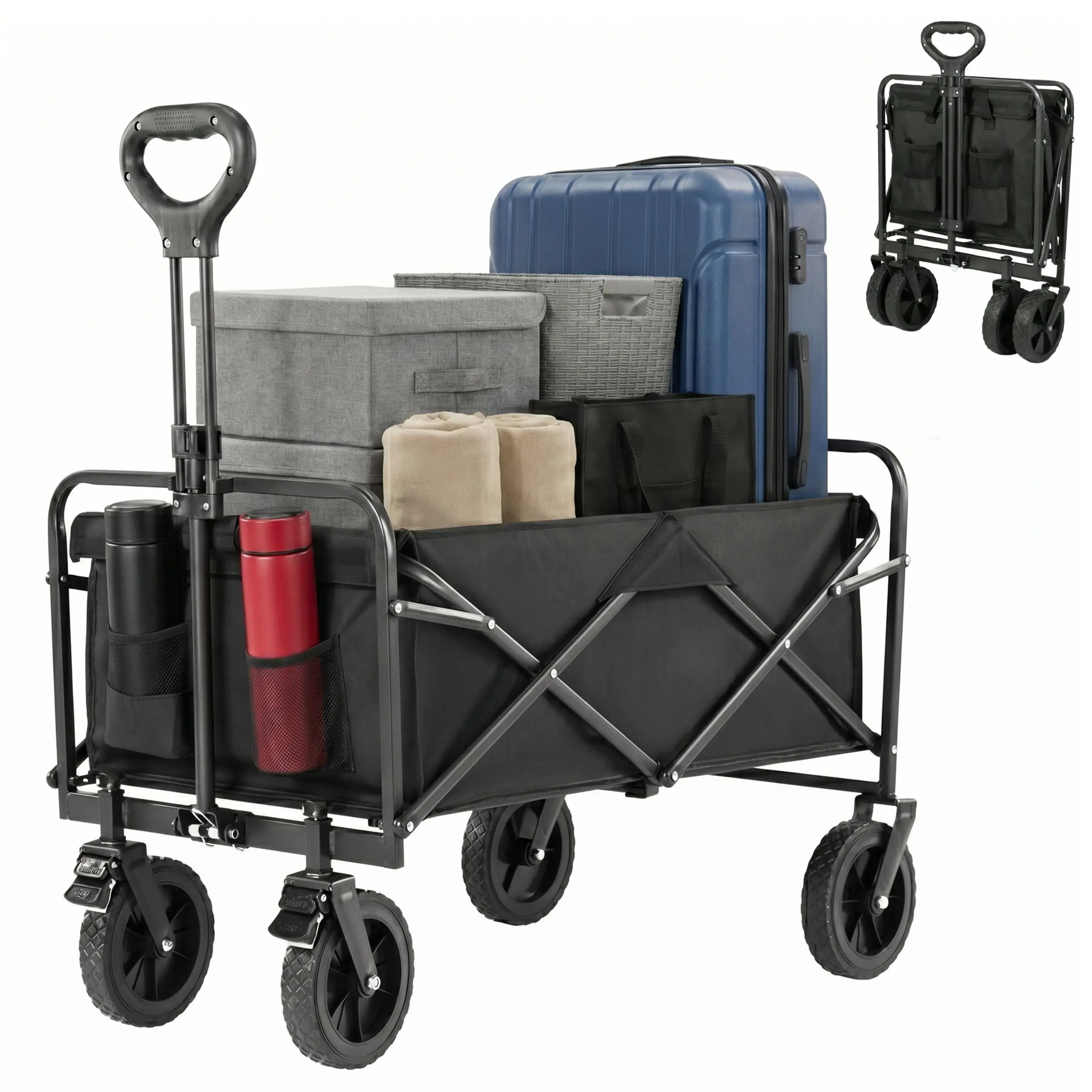 Heavy Duty Rolling Utility Wagon, Waterproof Collapsible Cart with All-Terrain Wheels and Brakes for Outdoors, Fishing & Tailgating, Wagon Cart Foldable, Portable Folding Trolley