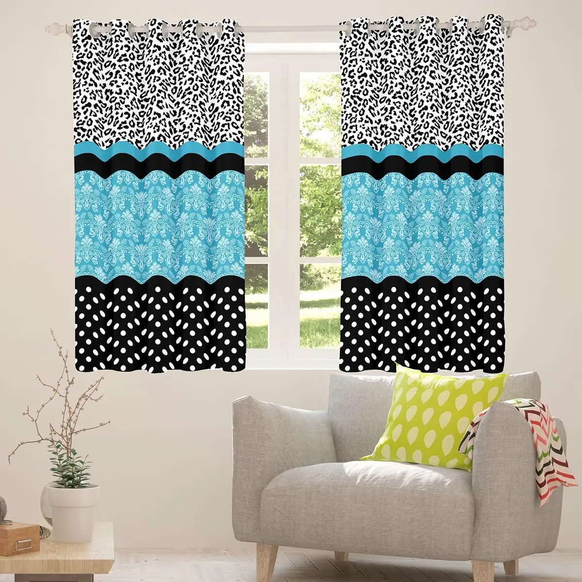 Feelyou Velvet Curtain Blinds - 2-Panel Privacy Grommet Colorful Curtains, Sun-Blocking Window Treatments with Teal Boho Paisley, Black-White Polka Dots, Cheetah, Bold Pattern Floral Print Designs (Multi-Size)