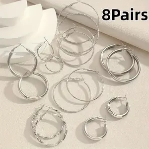 8 Pairs Silver Earrings Set for Women Girls | Multiple Styles Mix & Match Hypoallergenic Studs & Hoops | Everyday Wear Versatile Jewelry Gift Set