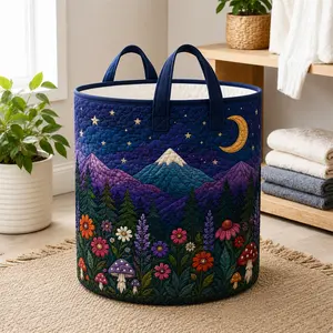Boho Mountain Laundry Basket with Handles, Quilted Forest Storage Basket for Blankets, Clothes & Toys, Large Cottagecore Hamper for Bedroom, Nursery, Dorm & Laundry Room