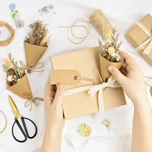 6Pcs Mini Dried Flowers Bouquet, Mixed Natural Dried Flowers Gypsophila Bouquets Boutonniere Table Centerpieces Birthday Cake Flowers for DIY Crafts with 3 Flower Stickers 10m Hemp Rope