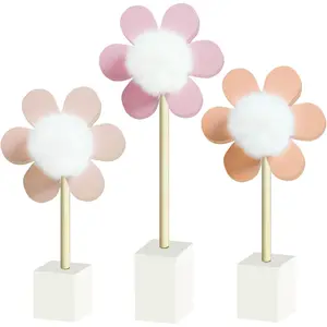 3 Pack Daisy Nursery Shelf Decor Wooden Spring Flower with Pompom Pistil Boho Baby Girl Nursery Room Decoration Bohemian Cute Wall Art for Bedroom Kindergarten Classroom Playroom Bookshelf Gift