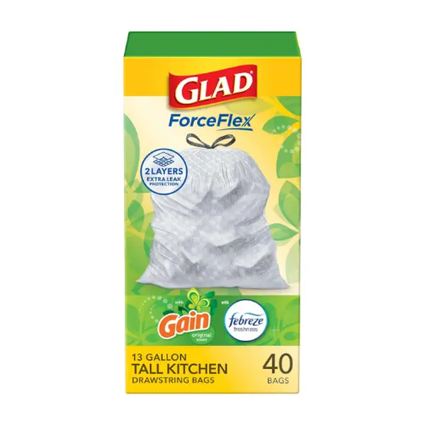 Glad ForceFlex Tall Kitchen Trash Bags, 13 Gallon, 40 Count, Gain Original, Heavy Duty & Leak-Resistant