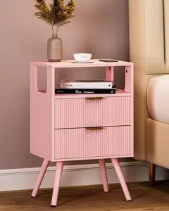Pink Nightstand,Modern Bedside Table with 2 Storage Drawer and Open  Shelf, for Bedroom and Small Spaces,Night Stand with Solid