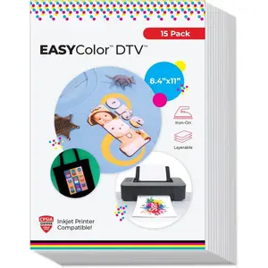 EasyColor DTV 8.4'' x 11'' Sheets - Inkjet Printer Compatible Heat Transfer Vinyl (15 Sheets)