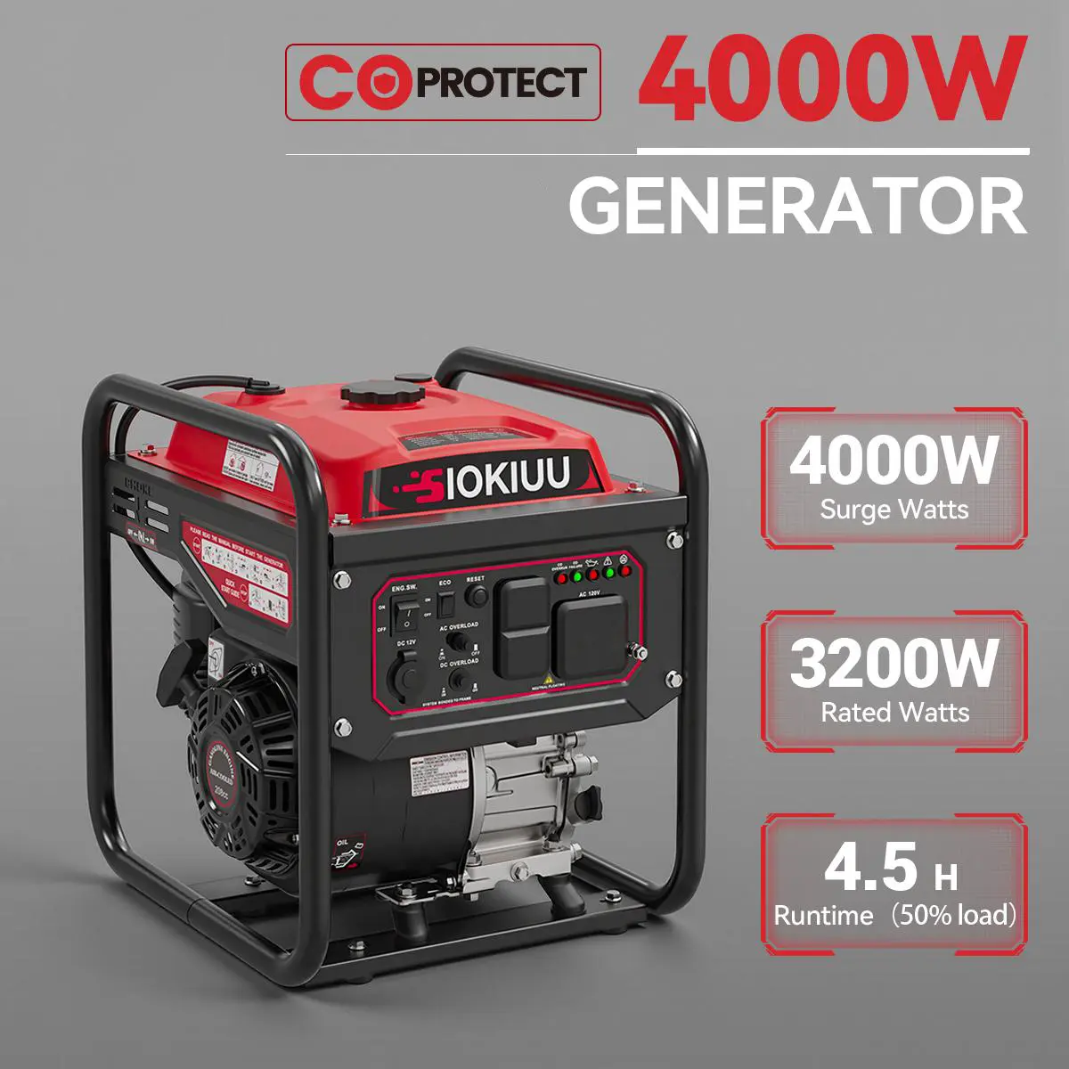 Ultra-Light Portable Gas-Powered Home Backup Inverter Generator - 3200W Rated, 4000W Peak, 208cc Engine, 56 lbs, 7.5L, H3750i, Super Quiet, CO Sensor, EPA Compliant, ECO Mode, USB Adapter, 120V AC, 3-Year Warranty for Emergency Home, RV Camping Use, Home