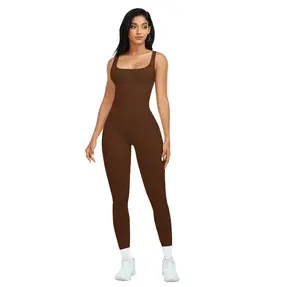 Womens Workout Rompers Jumpsuits Ribbed Yoga Gym One Piece Sleeveless Square Neck Tank Top Leggings Unitard